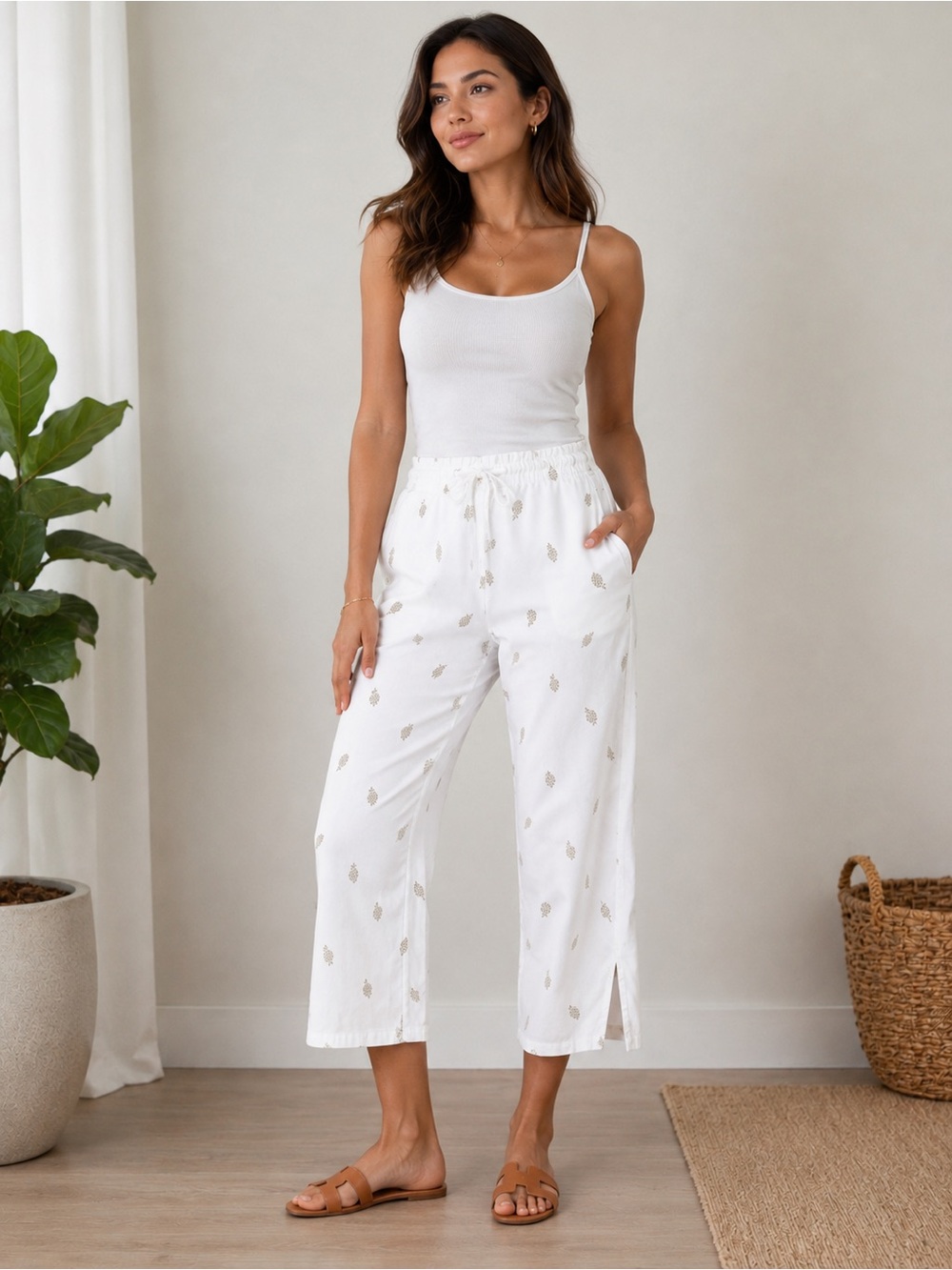 Fresh Produce Pineapple Adele Capri Pants White Gold Print Linen Blend XS/S NWT